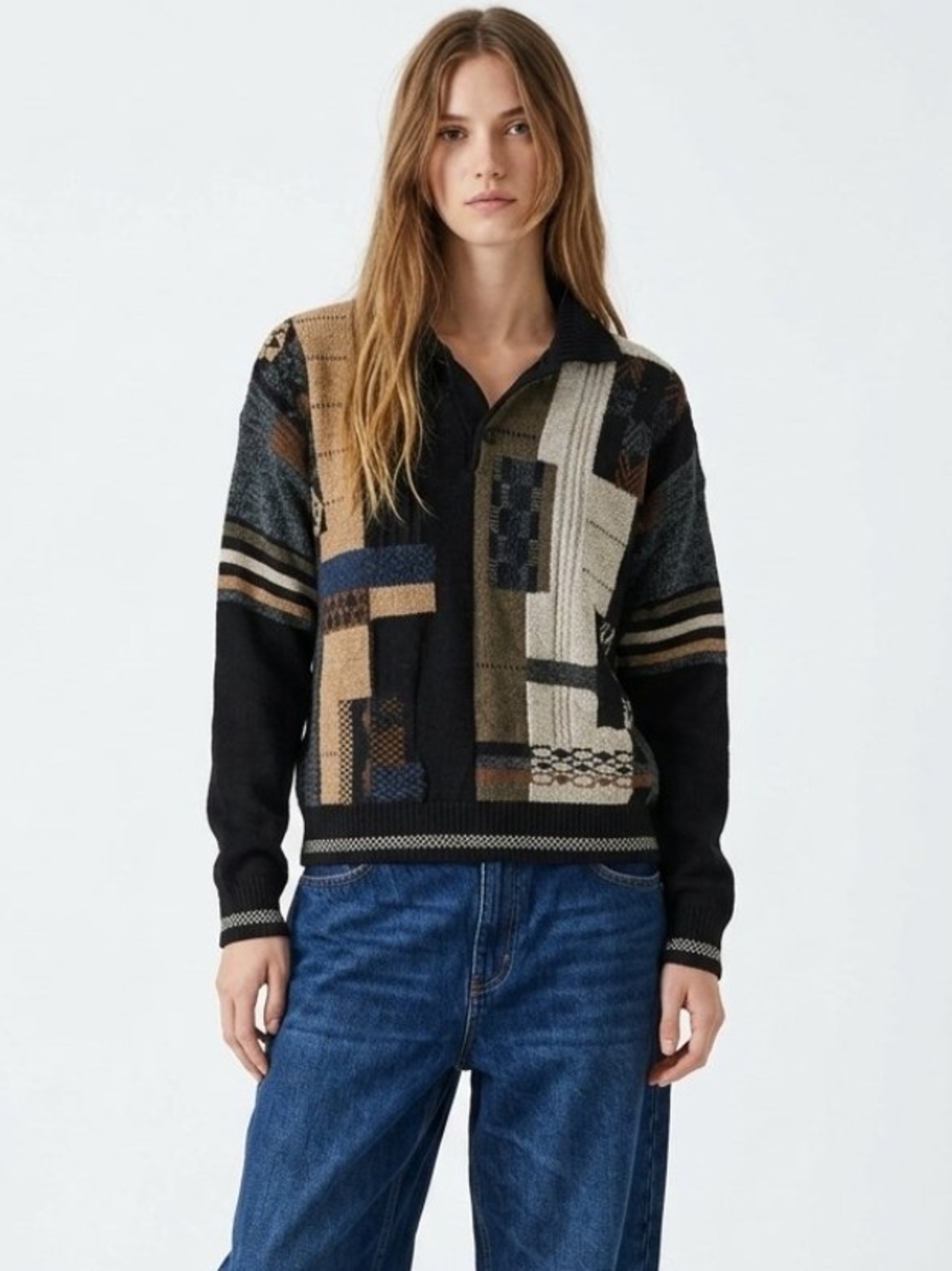 Vintage Collared Patchwork Geometric Wool Blend Henley Sweater In Black/Multi